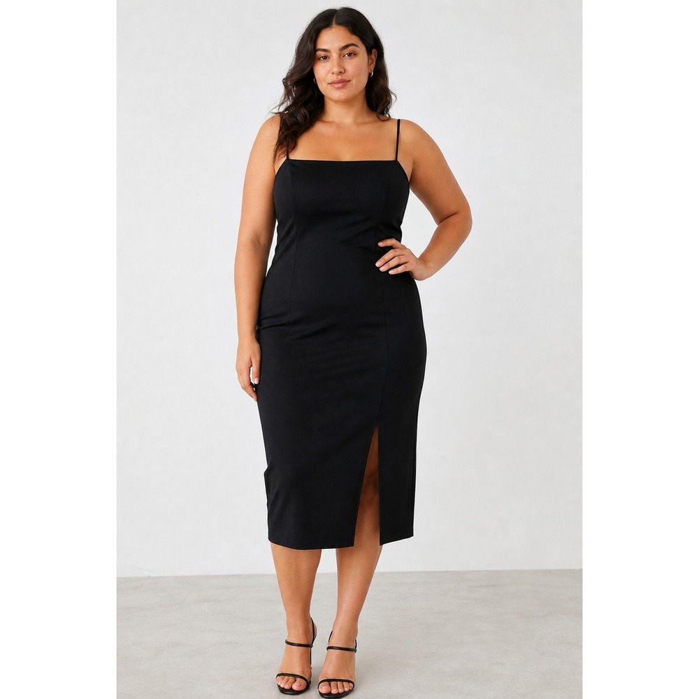 Leith‎ Black Sheath Dress 3X Square Neck Midi Slit Minimalist Classic Bodycon